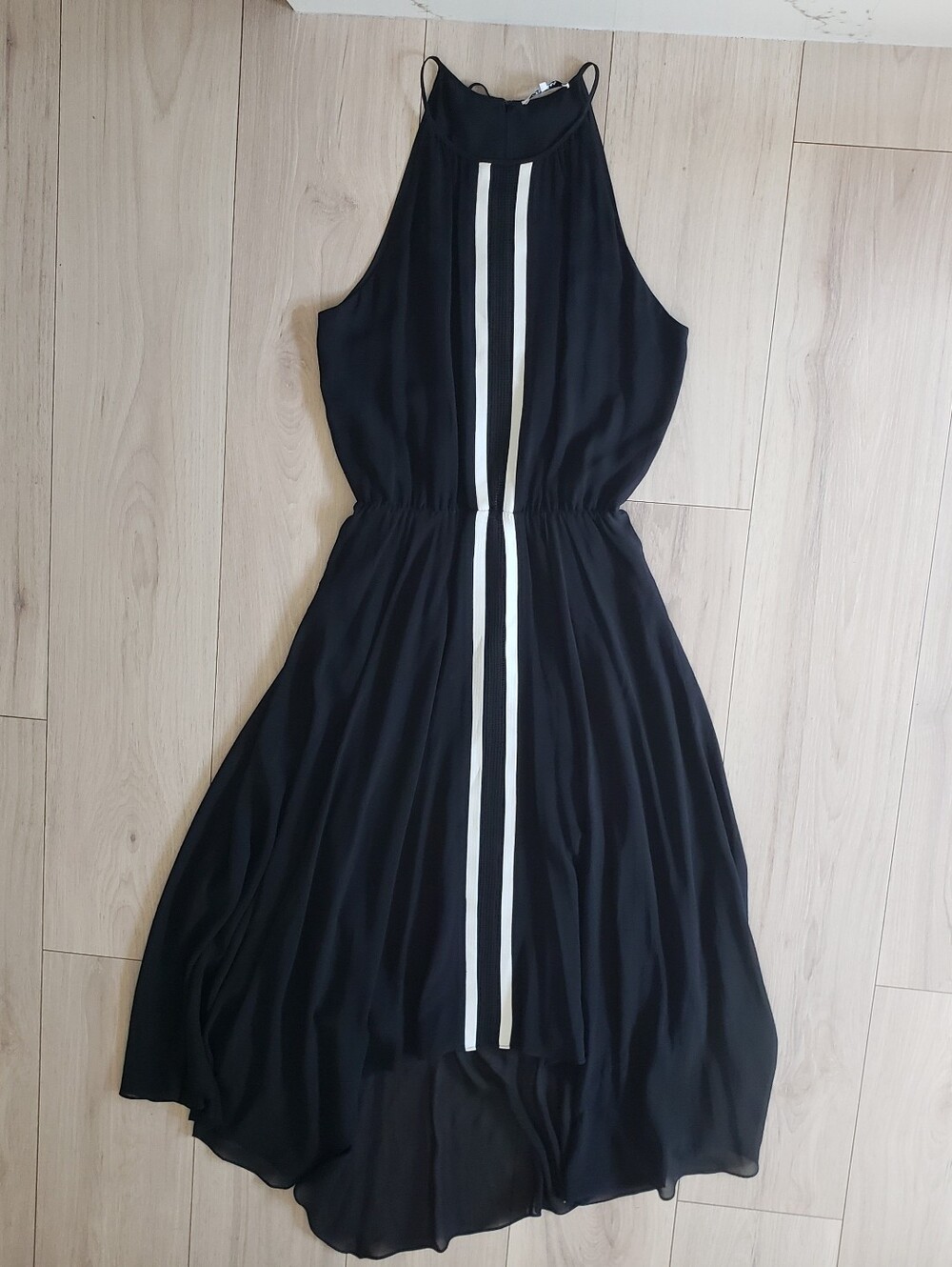 Parker Black Silk Maxi Dress with White Vertical Stripes‎